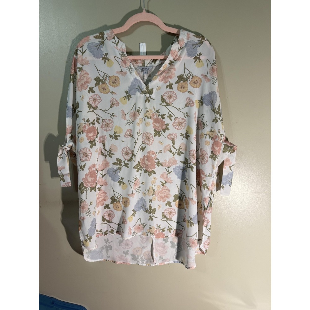 Ari & Clo Tunic Blouse Womens 16 White Floral Chiffon 3/4 Sleeve Bow Lightweight
